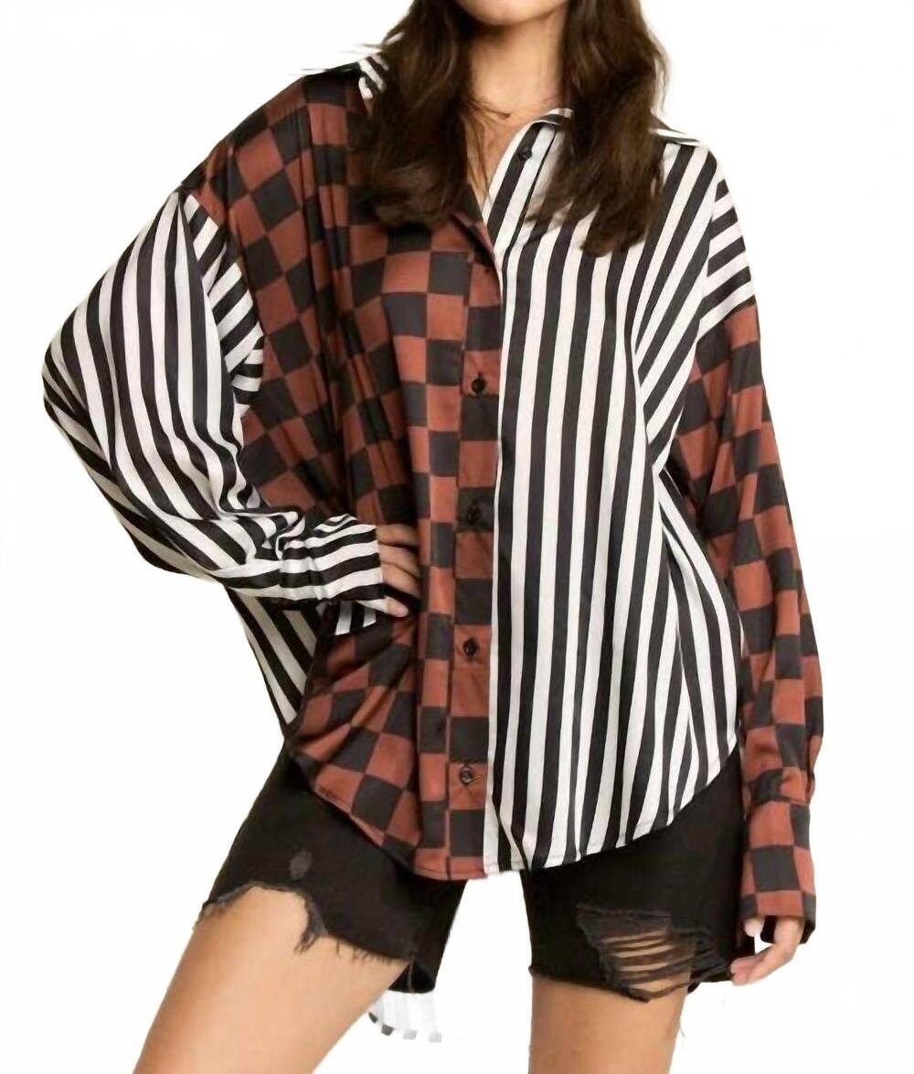 NEW JADE BY JANE split decision checker-stripe blouse - plus in black/mocha